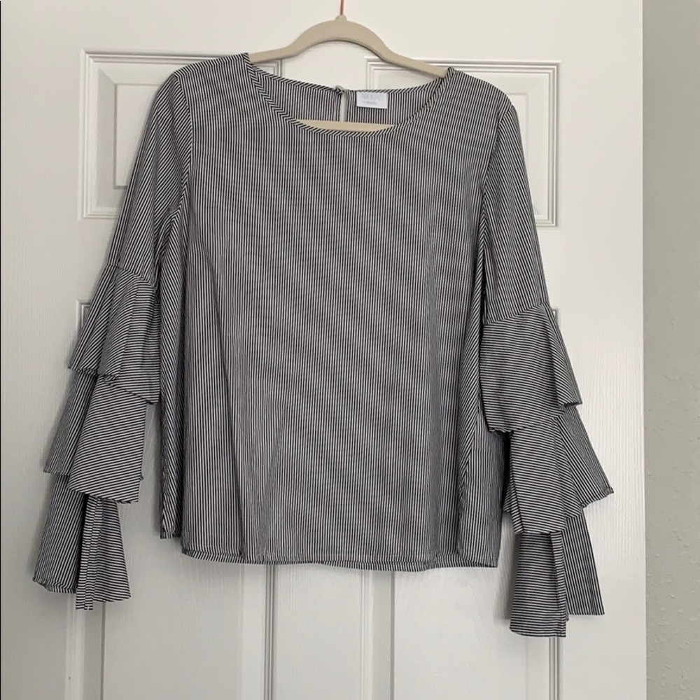 Blue/white bell sleeve blouse